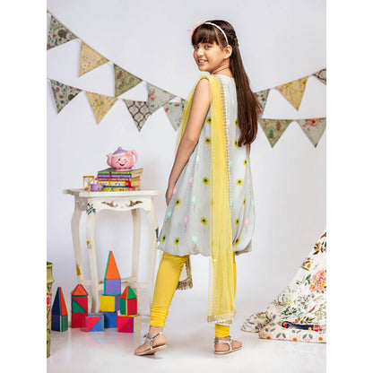 PS Kids By Payal Singhal Grey Printed Balloon Kurta with Churidar & Dupatta (Set of 3)