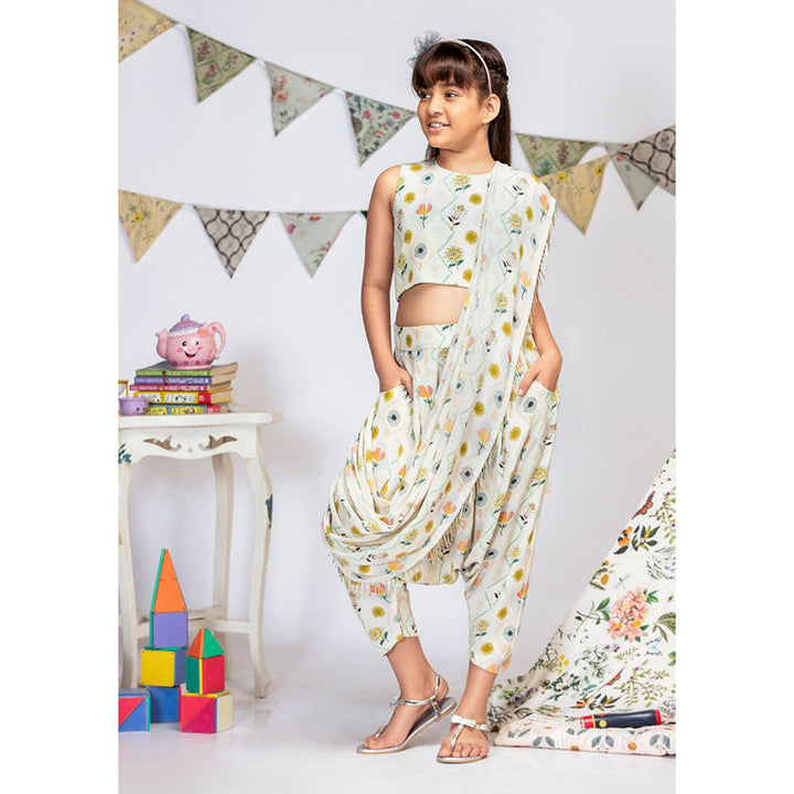 Ps Kids By Payal Singhal Printed Crop Top With Pant And Georgette Drape