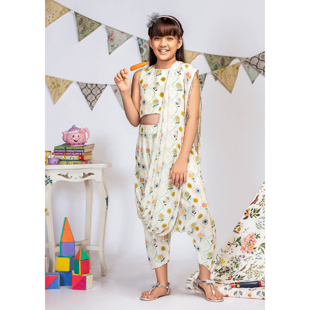 Ps Kids By Payal Singhal Printed Crop Top With Pant And Georgette Drape