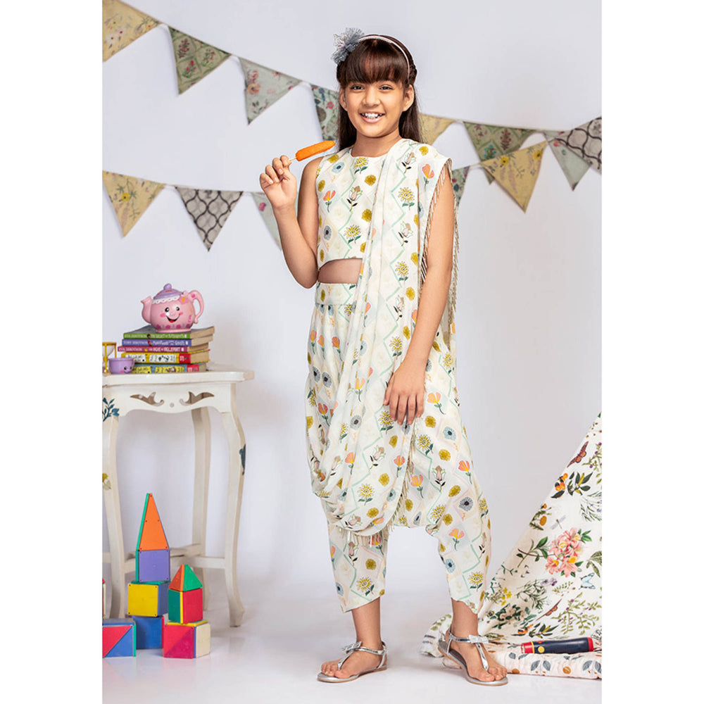 PS Kids By Payal Singhal Printed Crop Top with Pant And Georgette Drape (Set of 2)