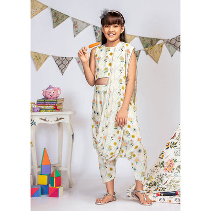 PS Kids By Payal Singhal Printed Crop Top with Pant And Georgette Drape (Set of 2)
