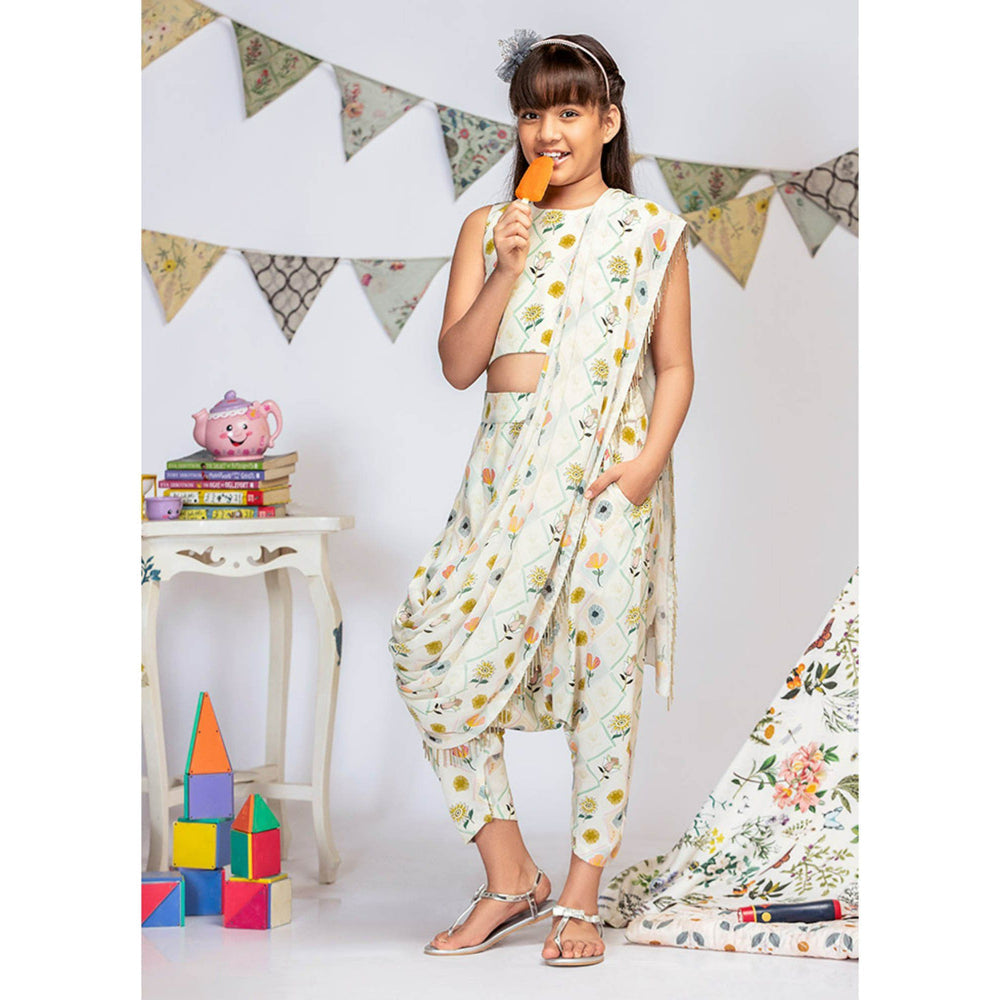 PS Kids By Payal Singhal Printed Crop Top with Pant And Georgette Drape (Set of 2)