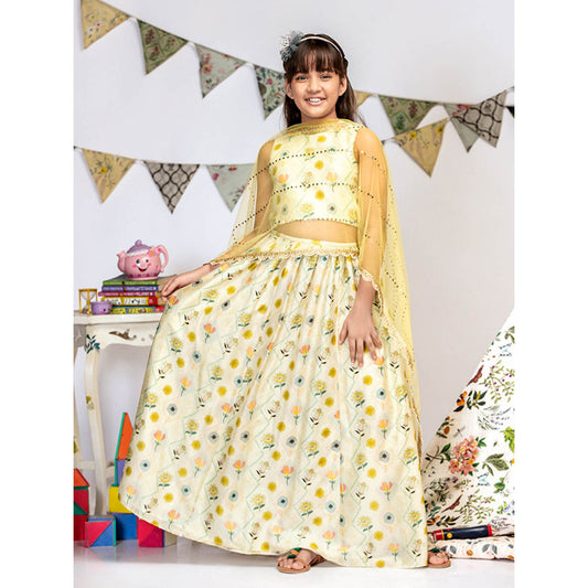 PS Kids By Payal Singhal Cream Printed Choli And Lehenga with Dupatta (Set of 3)
