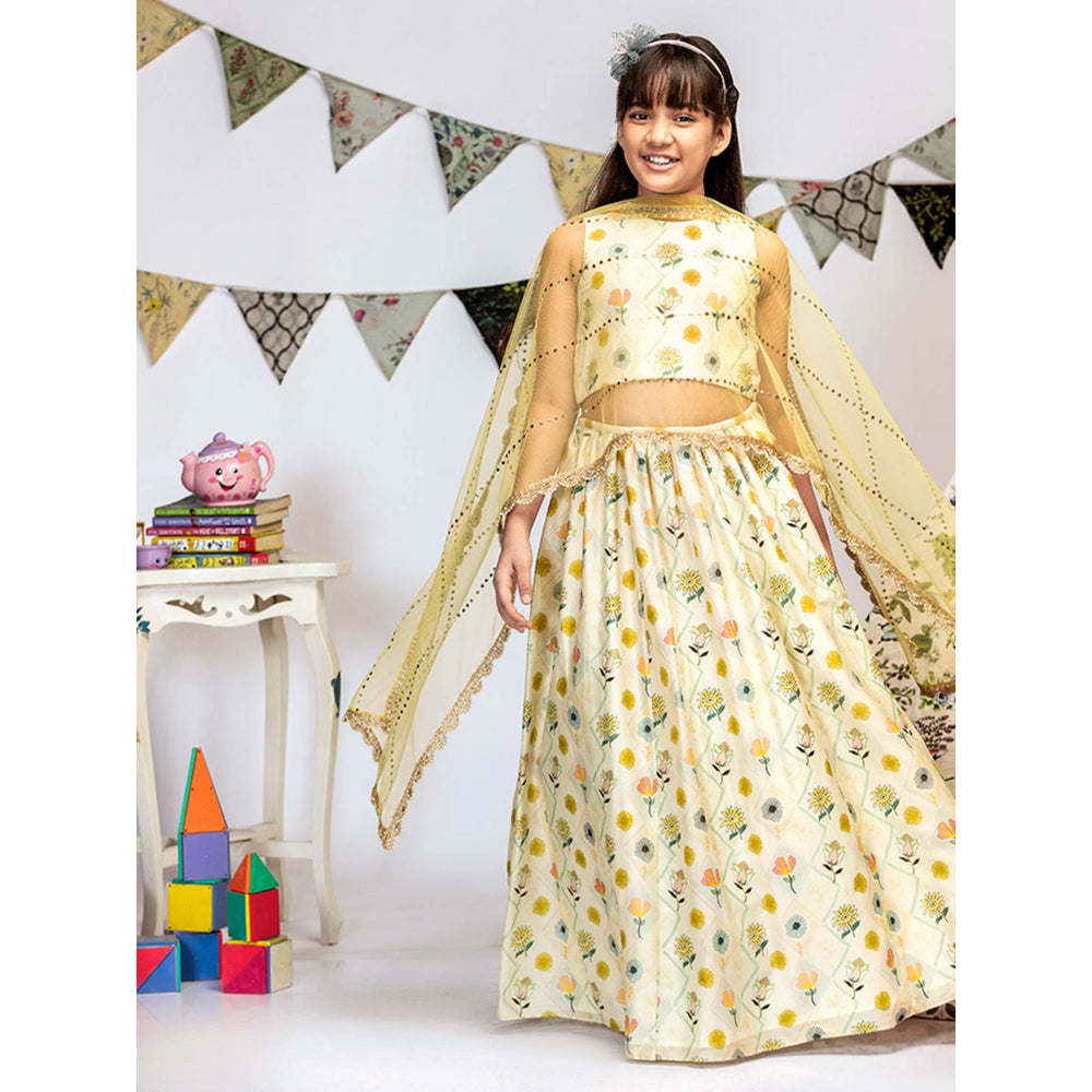 PS Kids By Payal Singhal Cream Printed Choli And Lehenga with Dupatta (Set of 3)