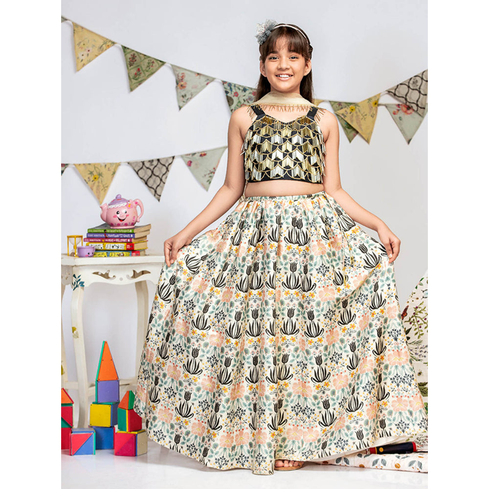 PS Kids By Payal Singhal Black Choli with Cream Printed Lehenga And Dupatta (Set of 3)