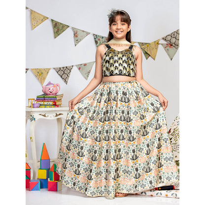 PS Kids By Payal Singhal Black Choli with Cream Printed Lehenga And Dupatta (Set of 3)