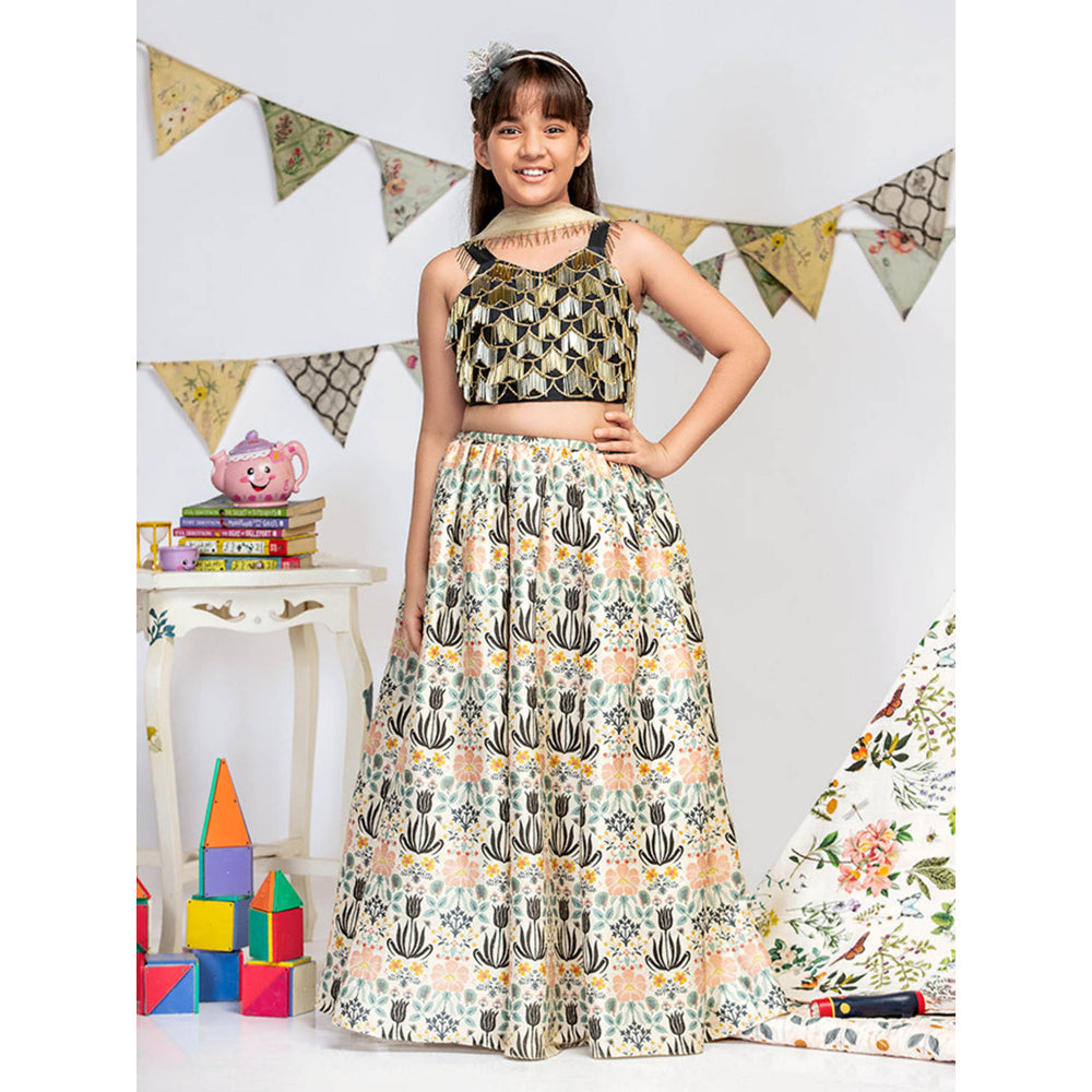 PS Kids By Payal Singhal Black Choli with Cream Printed Lehenga And Dupatta (Set of 3)