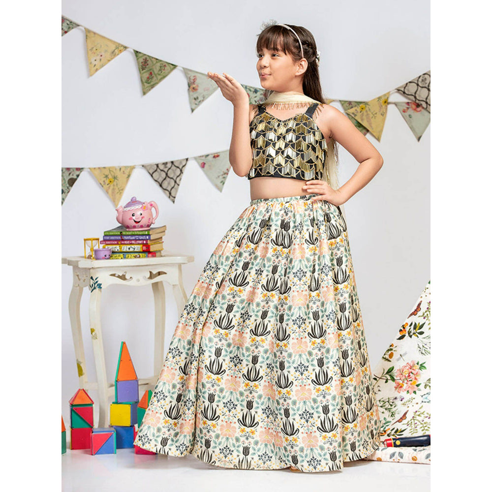 PS Kids By Payal Singhal Black Choli with Cream Printed Lehenga And Dupatta (Set of 3)