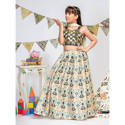 PS Kids By Payal Singhal Black Choli with Cream Printed Lehenga And Dupatta (Set of 3)