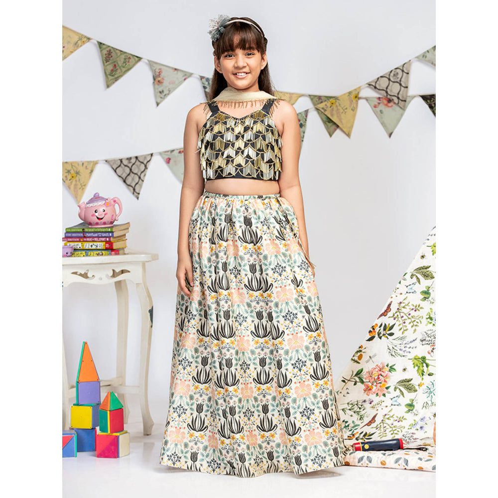 PS Kids By Payal Singhal Black Choli with Cream Printed Lehenga And Dupatta (Set of 3)