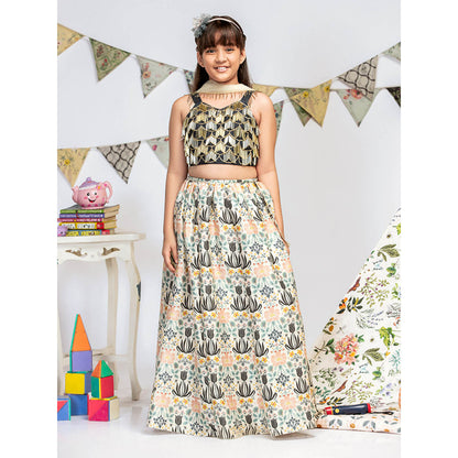 PS Kids By Payal Singhal Black Choli with Cream Printed Lehenga And Dupatta (Set of 3)
