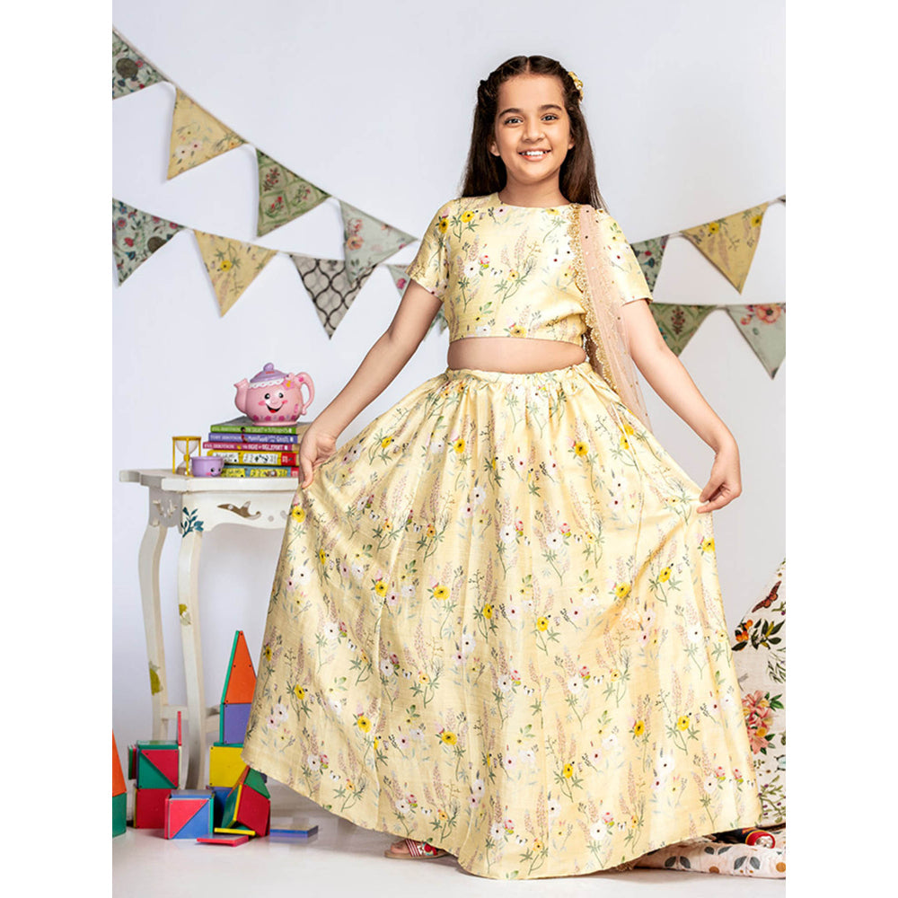 PS Kids By Payal Singhal Pale Yellow Printed Choli with Lehenga And Dupatta (Set of 3)