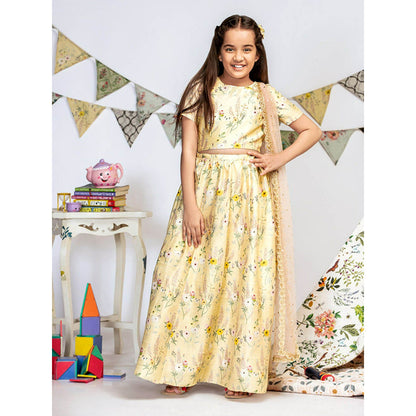 PS Kids By Payal Singhal Pale Yellow Printed Choli with Lehenga And Dupatta (Set of 3)