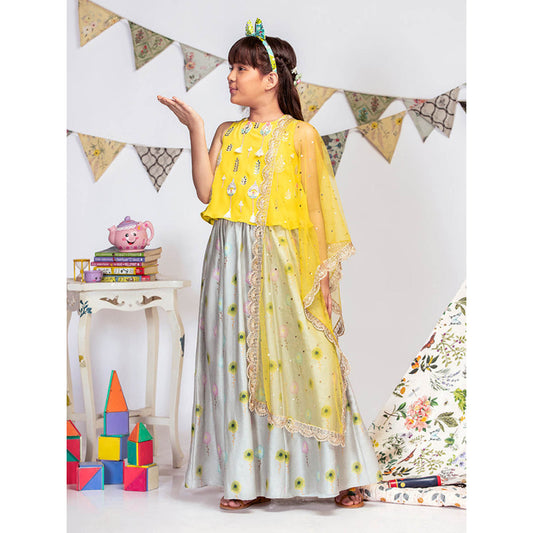 PS Kids By Payal Singhal Top with Grey Printed Lehenga And Dupatta (Set of 3)