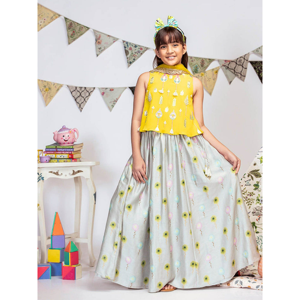 Ps Kids By Payal Singhal Top With Grey Printed Lehenga And Dupatta