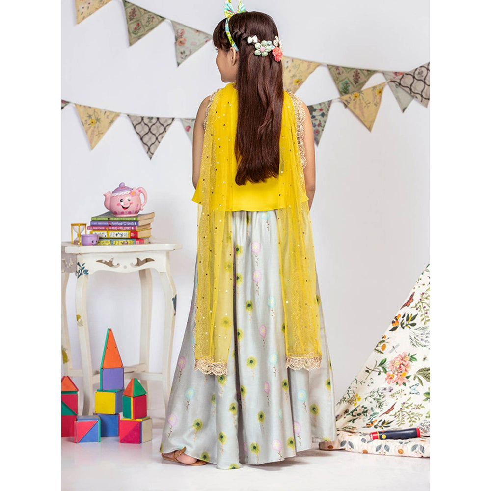 Ps Kids By Payal Singhal Top With Grey Printed Lehenga And Dupatta