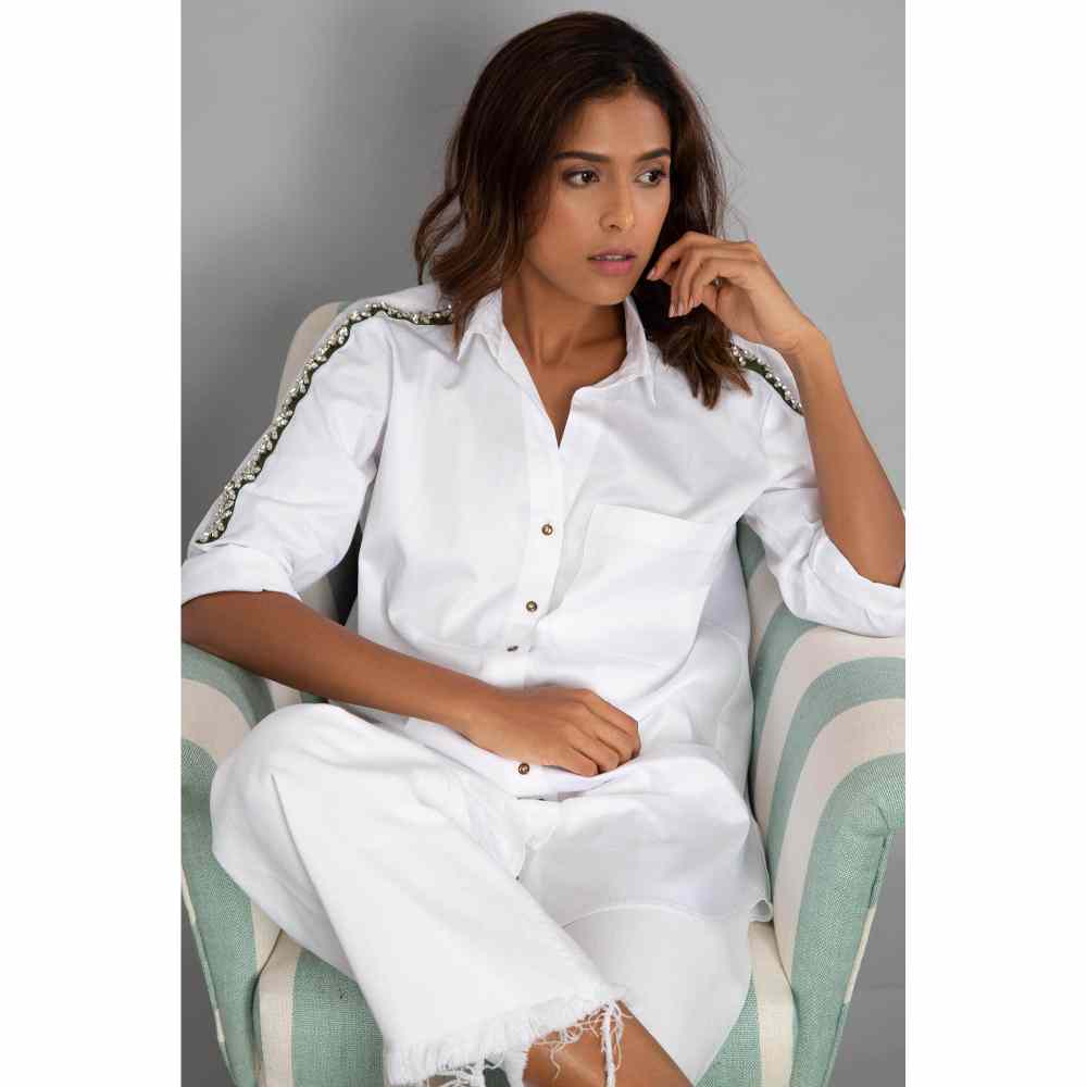 Pallavi Swadi White Swarovski Ribbon Shirt