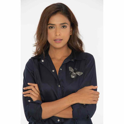 Pallavi Swadi Navy Shirt Dress With Black Beetle Brooch