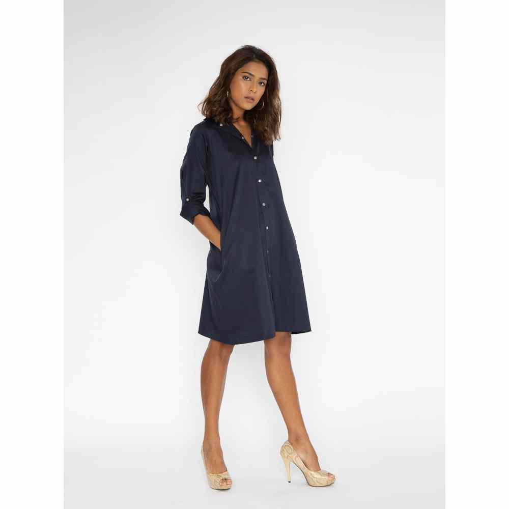 Pallavi Swadi Navy Shirt Dress With Black Beetle Brooch