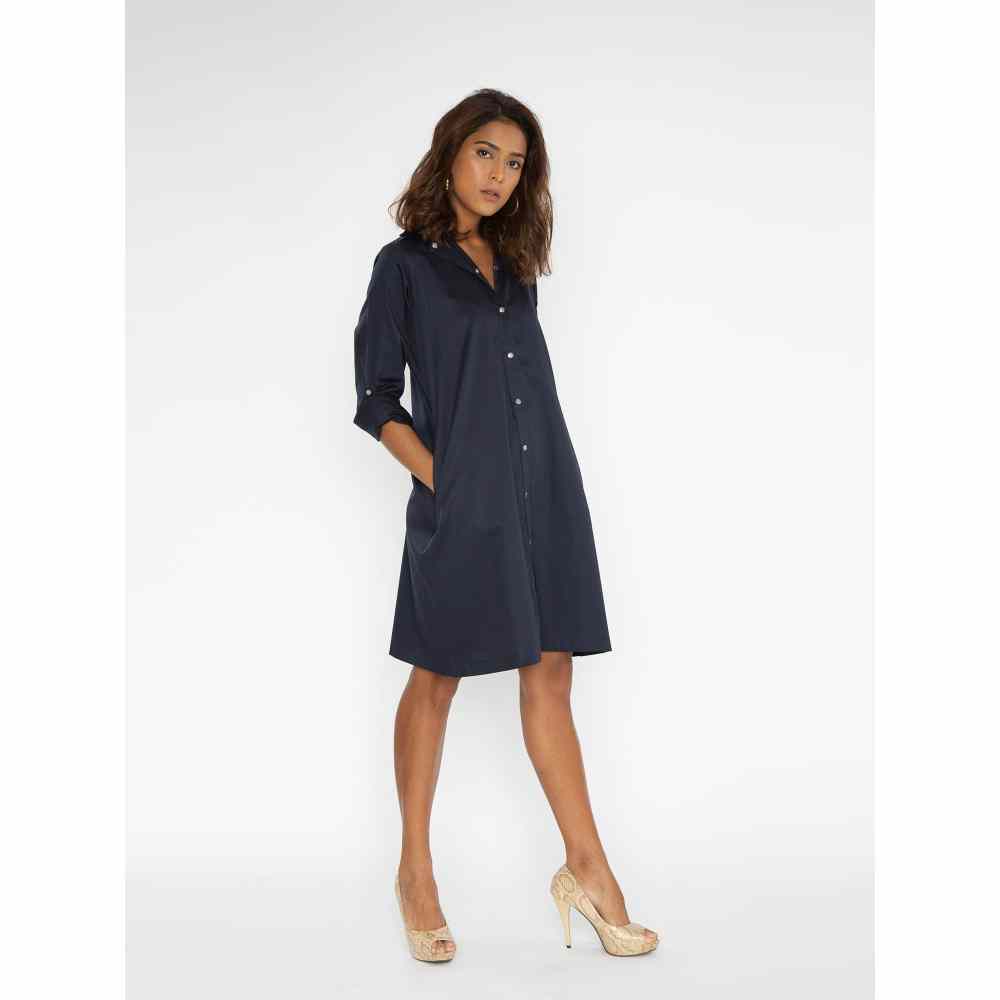 Pallavi Swadi Navy Shirt Dress With Silver Monogram With Crown Brooch