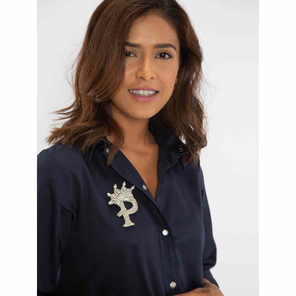 Pallavi Swadi Navy Shirt Dress With Silver Monogram With Crown Brooch