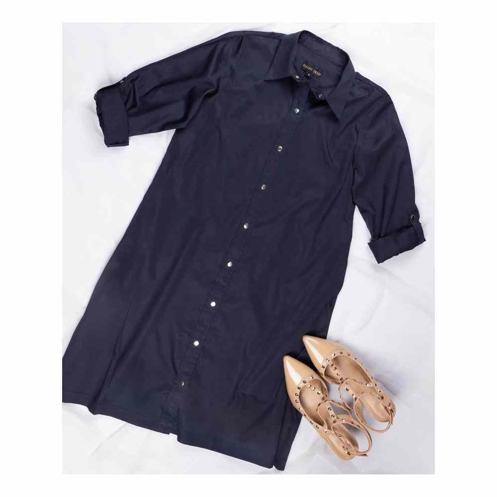 Pallavi Swadi Navy Shirt Dress With Silver Monogram With Crown Brooch