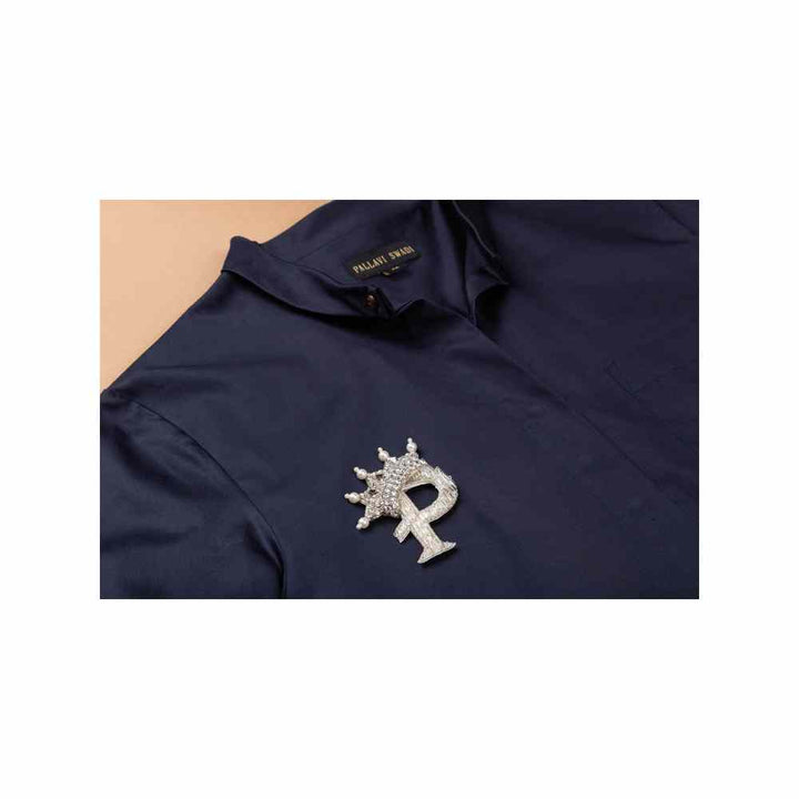 Pallavi Swadi Classic Navy Shirt With Silver Monogram