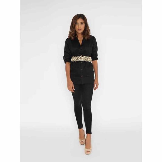 Pallavi Swadi Black Satin Shirt With Audery White Pearl Belt
