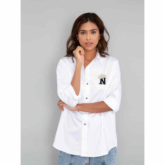 Pallavi Swadi White Boxy Shirt with Black Monogram