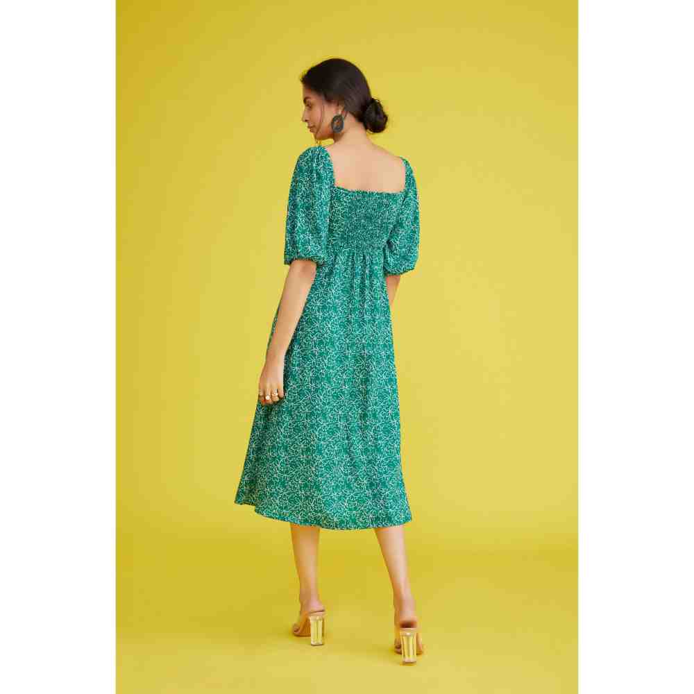 Poppi Printed Floral Green Judy Midi Dress with Puff Sleeves and Side Slit