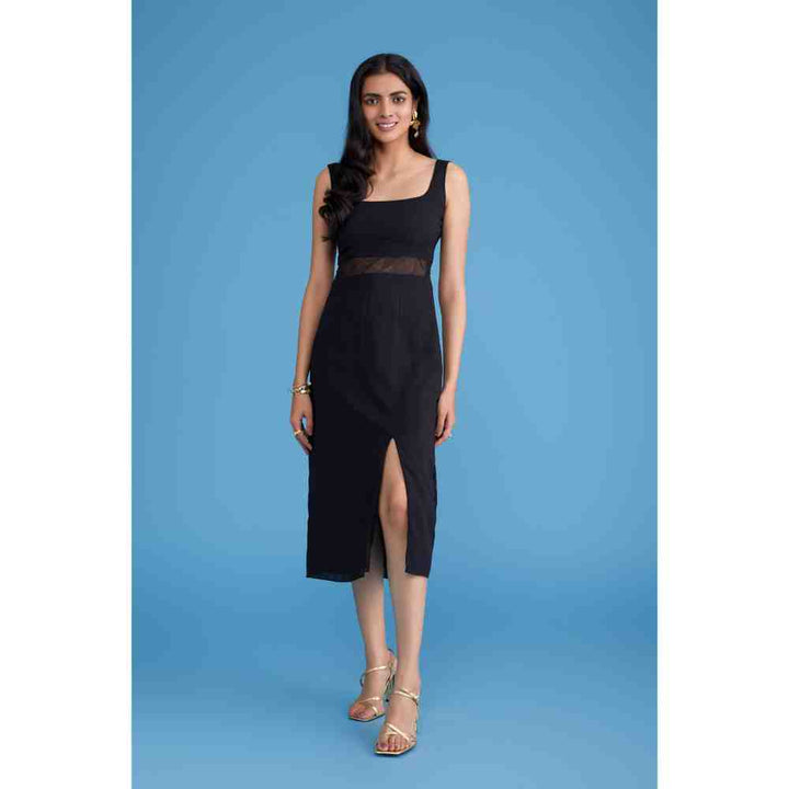 Poppi Solid Black Ebony Sleeveless Midi Dress