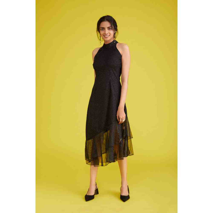 Poppi Black Foil Print Halter Neck Starry Midi Dress