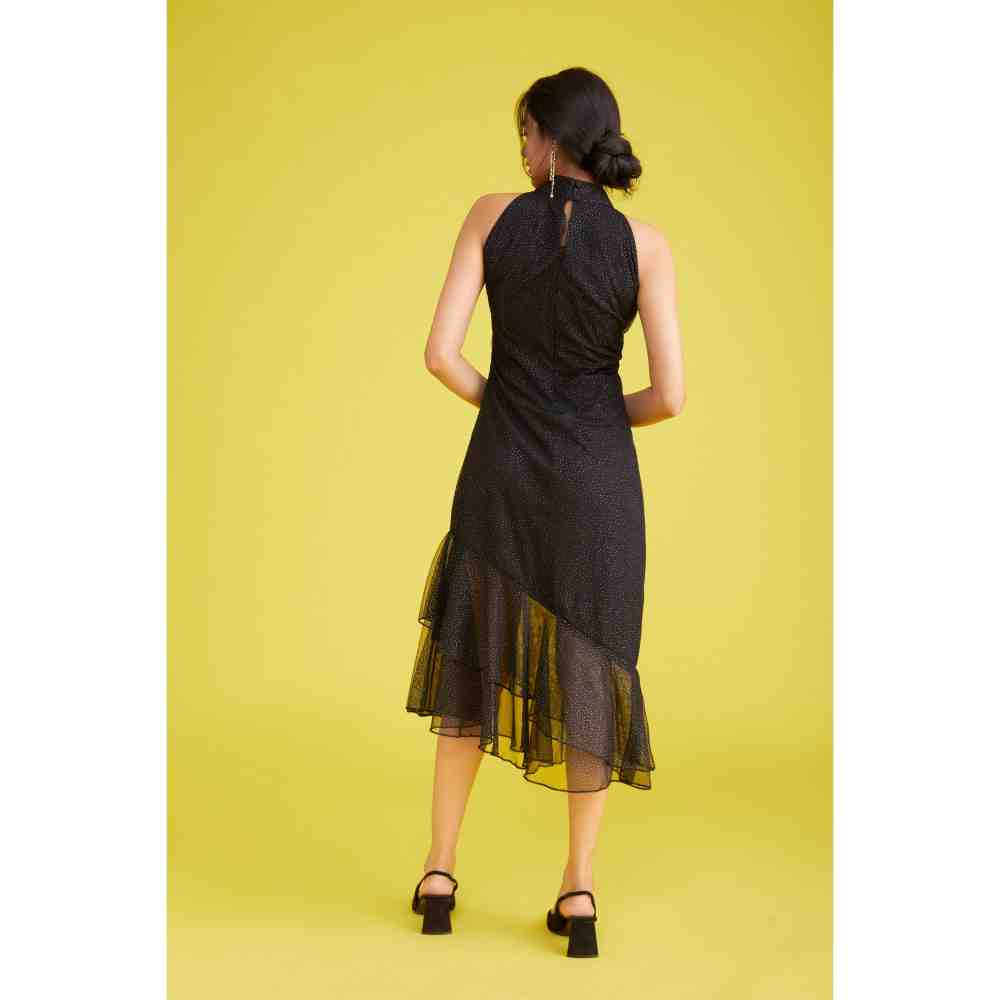 Poppi Black Foil Print Halter Neck Starry Midi Dress