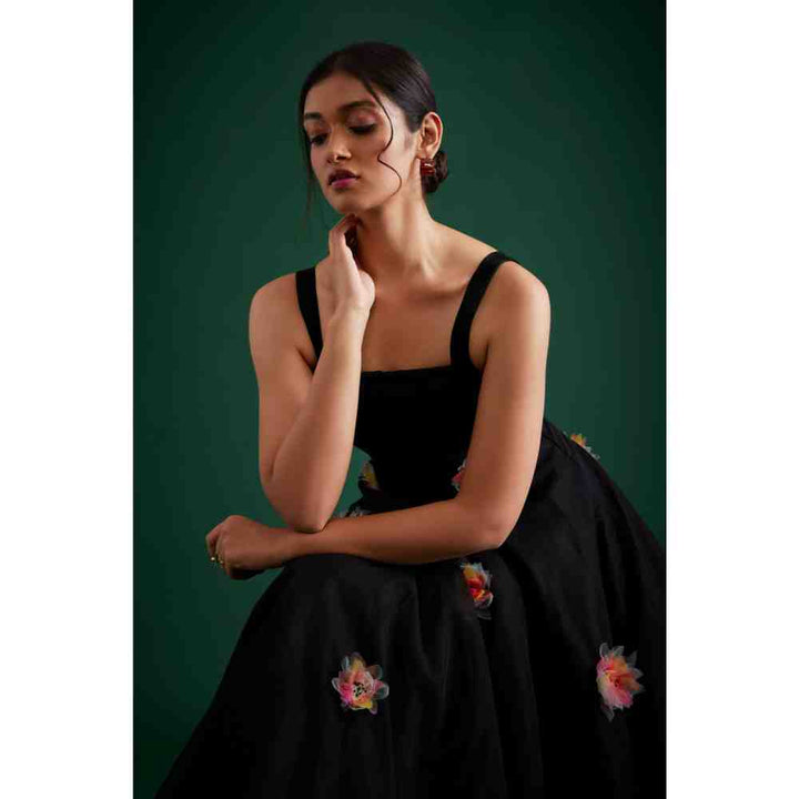 Poppi Black Midi Dress with Embroidered Flowers
