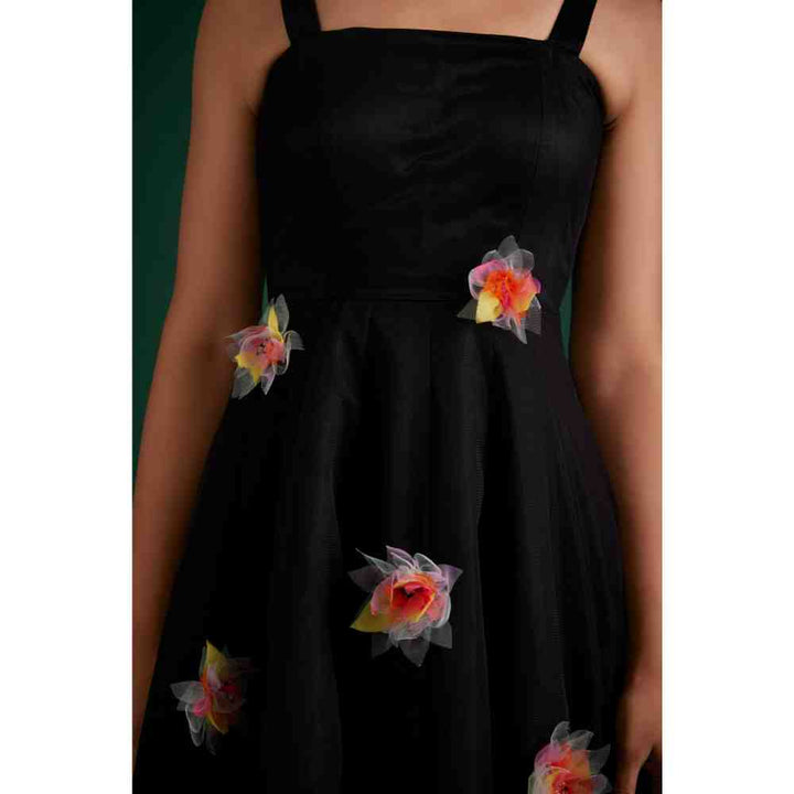 Poppi Black Midi Dress with Embroidered Flowers