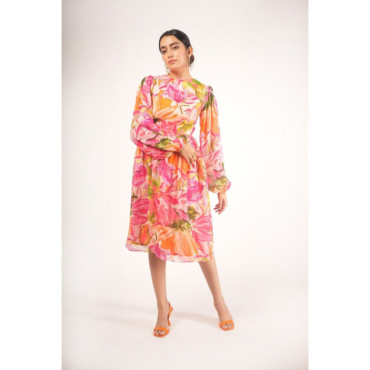 Poppi Pink Floral Printed Dress with Full Sleeves