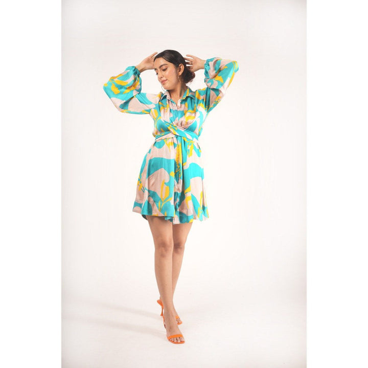 Poppi Blue Abstract Printed Wrap Dress