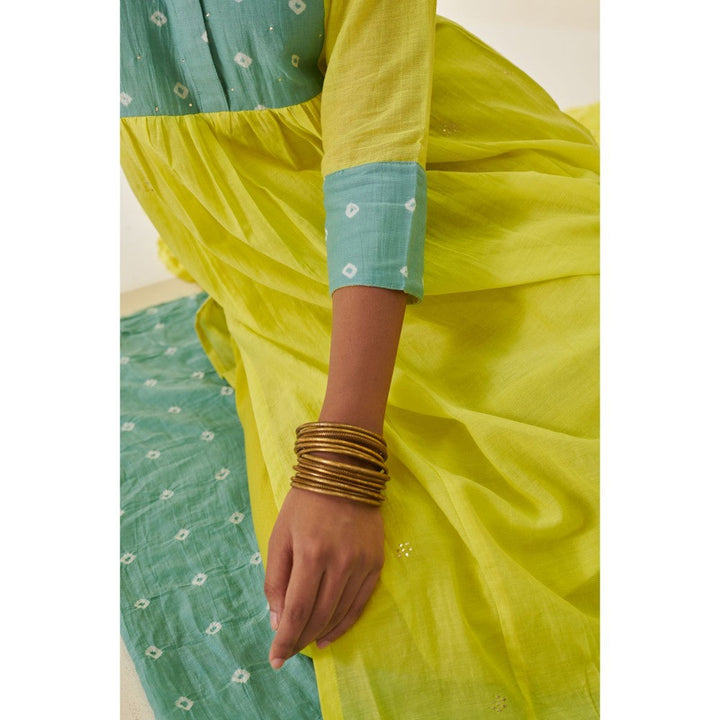 Prakriti Jaipur Lime Green Bandhani Color Block Kurta
