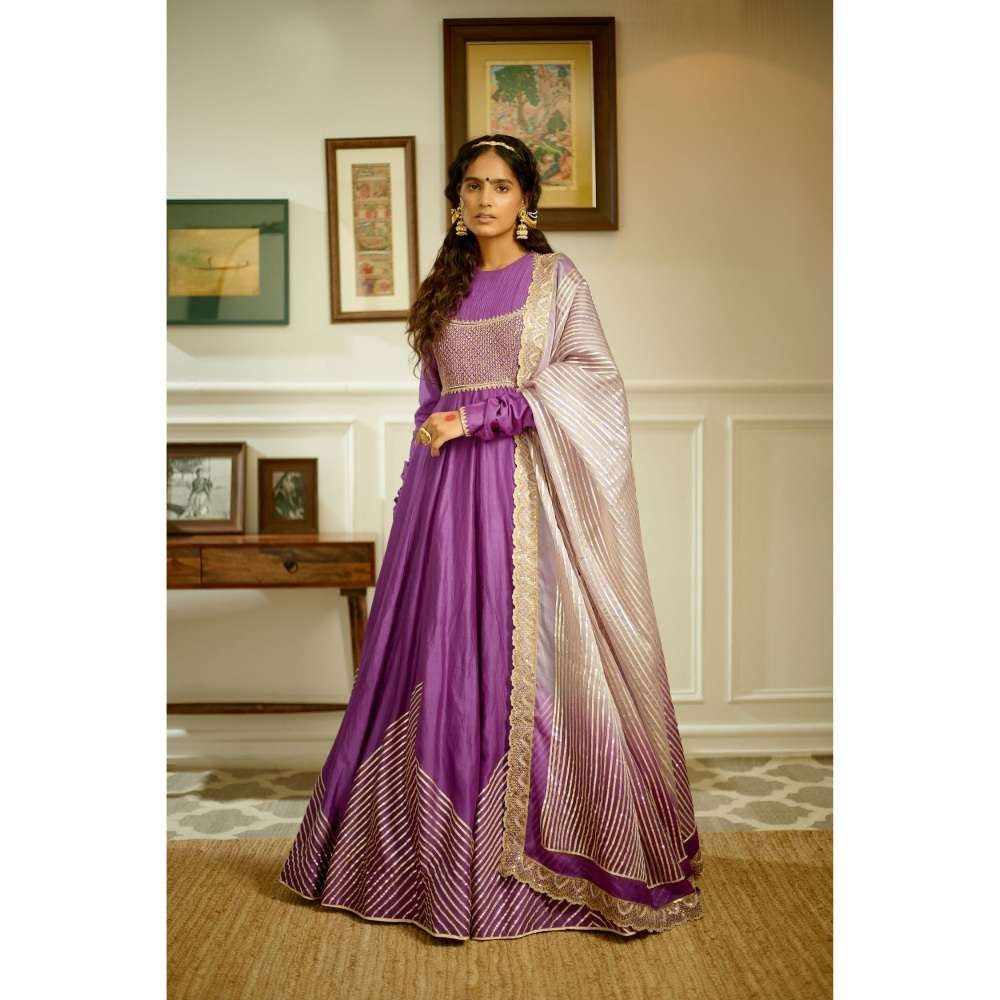 PRATIBHA SULTANIA Purple Chanderi Anarkali with Organza Dupatta (Set of 2)
