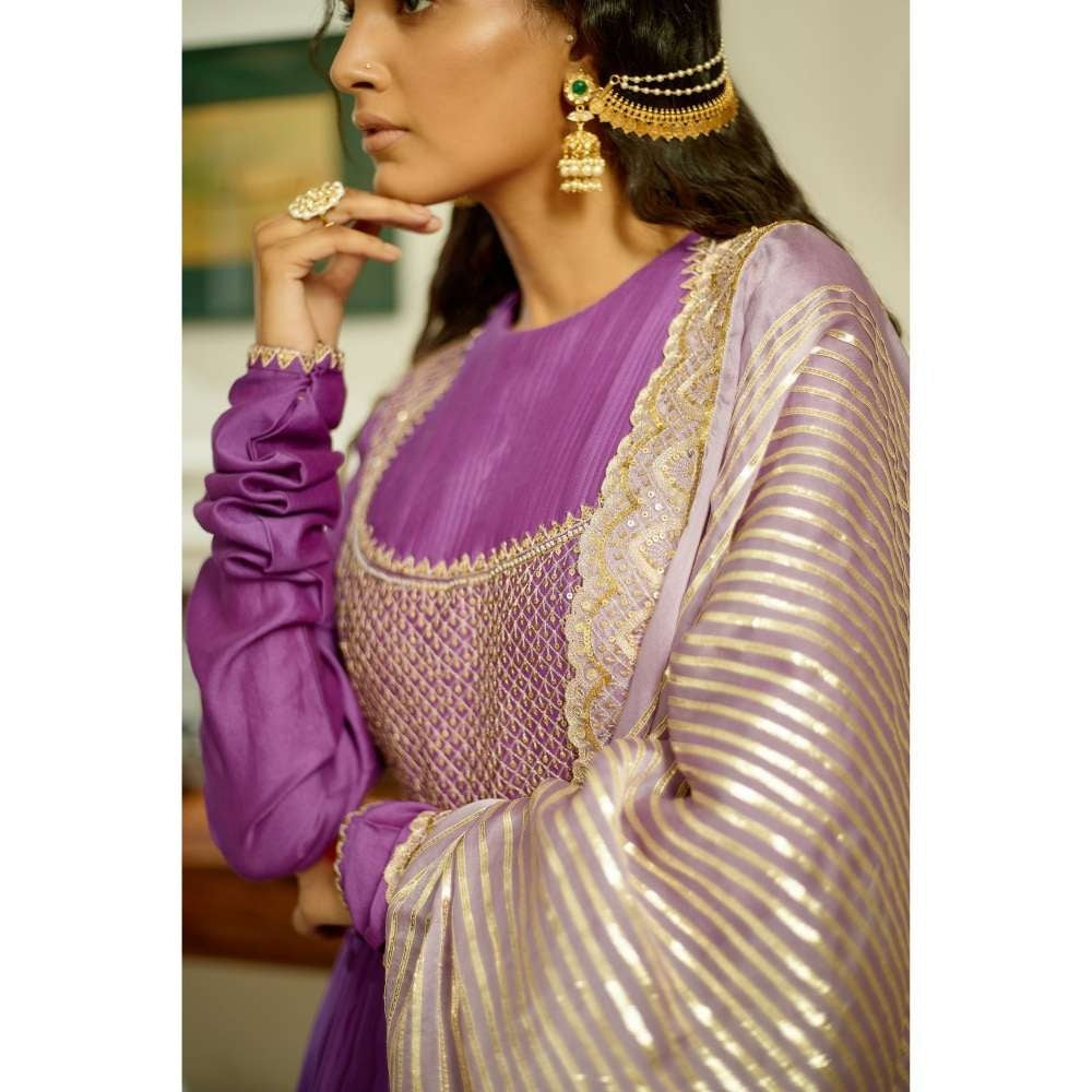 PRATIBHA SULTANIA Purple Chanderi Anarkali with Organza Dupatta (Set of 2)