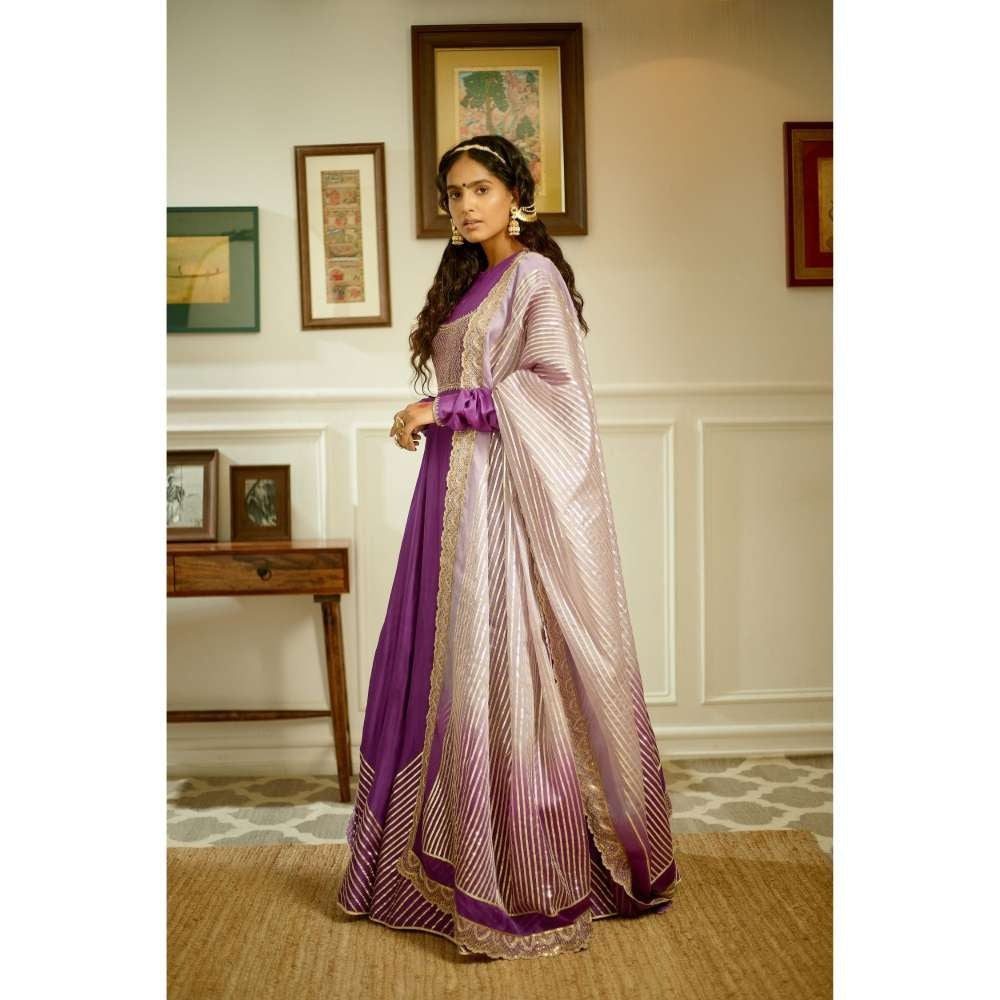 PRATIBHA SULTANIA Purple Chanderi Anarkali with Organza Dupatta (Set of 2)