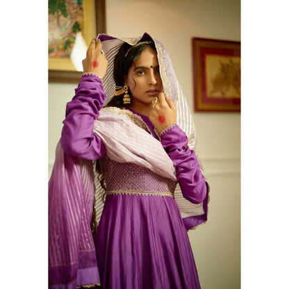 PRATIBHA SULTANIA Purple Chanderi Anarkali with Organza Dupatta (Set of 2)