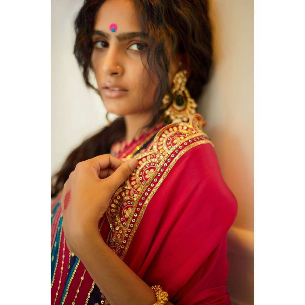 PRATIBHA SULTANIA Pink Patched & Kurti Crepe Churidar & Scalloped Dupatta (Set of 3)