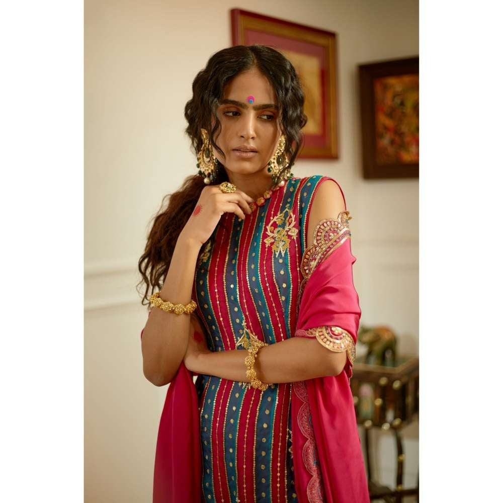 PRATIBHA SULTANIA Pink Patched & Kurti Crepe Churidar & Scalloped Dupatta (Set of 3)