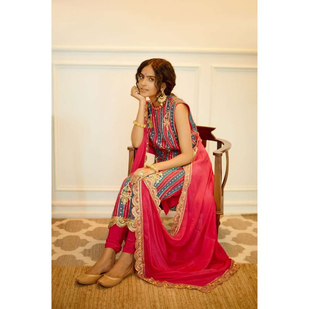 PRATIBHA SULTANIA Pink Patched & Kurti Crepe Churidar & Scalloped Dupatta (Set of 3)