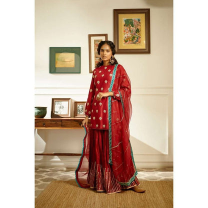 PRATIBHA SULTANIA Red Hand Botties Kurti Sharara & Bordered Organza Dupatta (Set of 3)