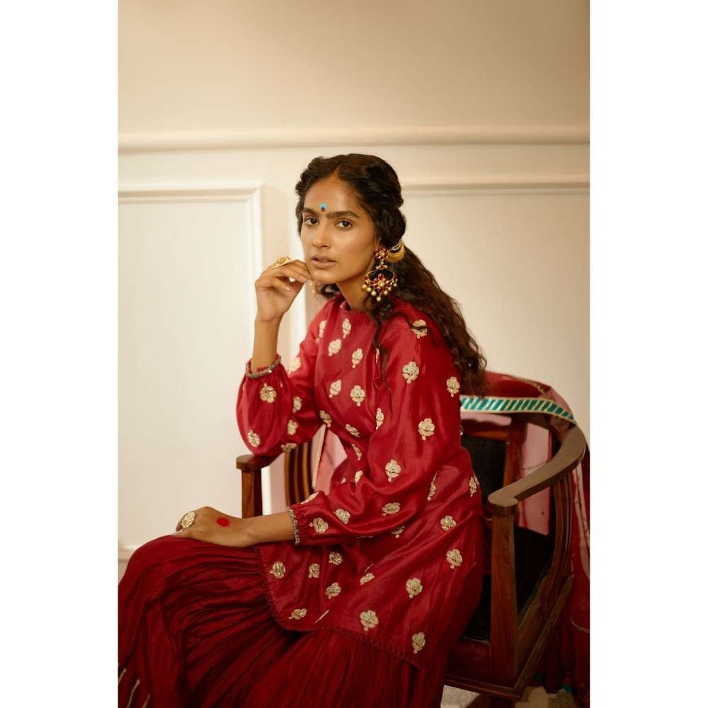 PRATIBHA SULTANIA Red Hand Botties Kurti Sharara & Bordered Organza Dupatta (Set of 3)