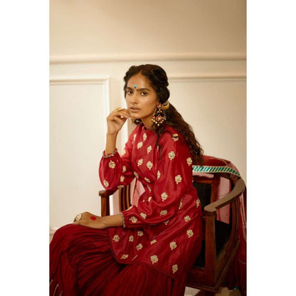 PRATIBHA SULTANIA Red Hand Botties Kurti Sharara & Bordered Organza Dupatta (Set of 3)