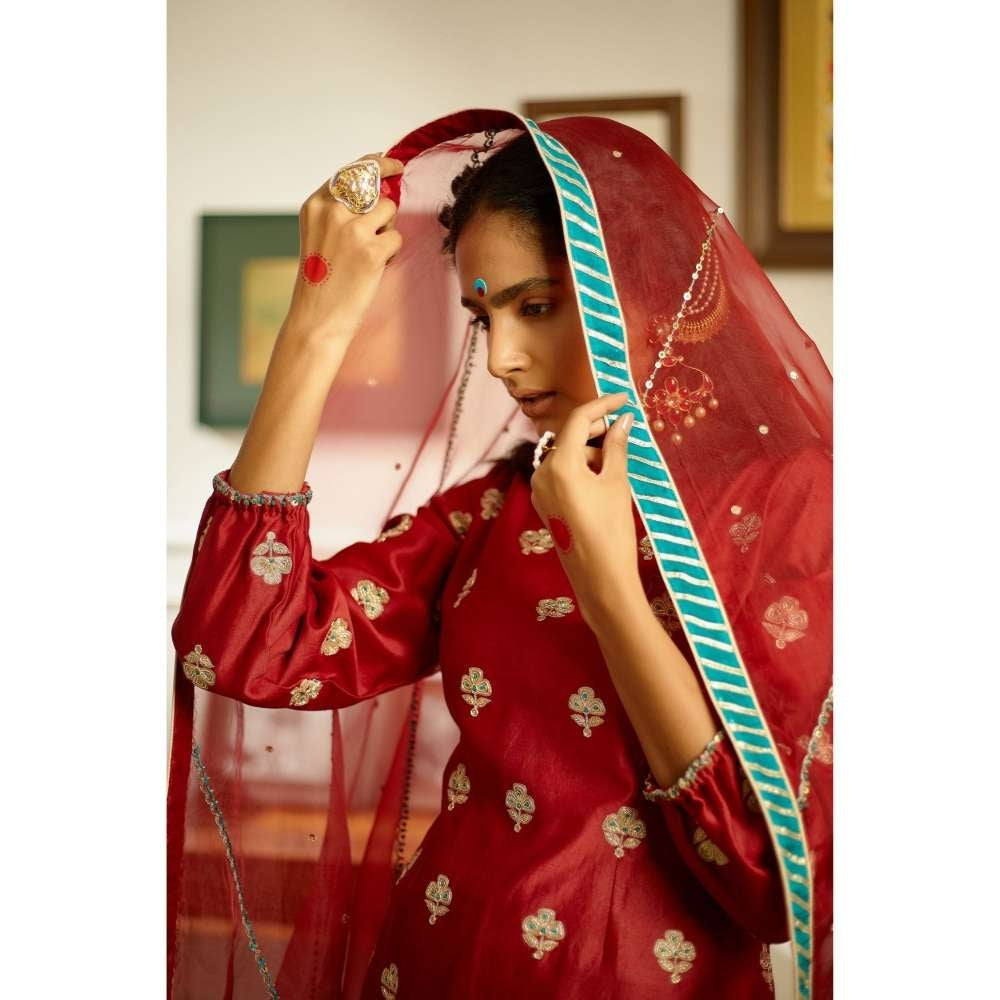 PRATIBHA SULTANIA Red Hand Botties Kurti Sharara & Bordered Organza Dupatta (Set of 3)