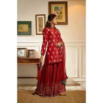 PRATIBHA SULTANIA Red Hand Botties Kurti Sharara & Bordered Organza Dupatta (Set of 3)